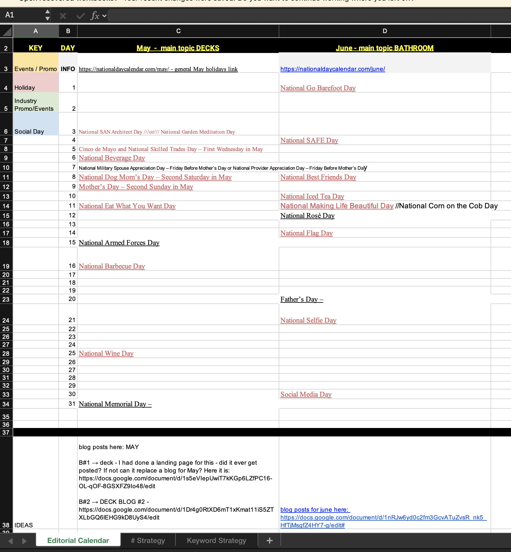 Editorial calendar view for May decks and June bathrooms