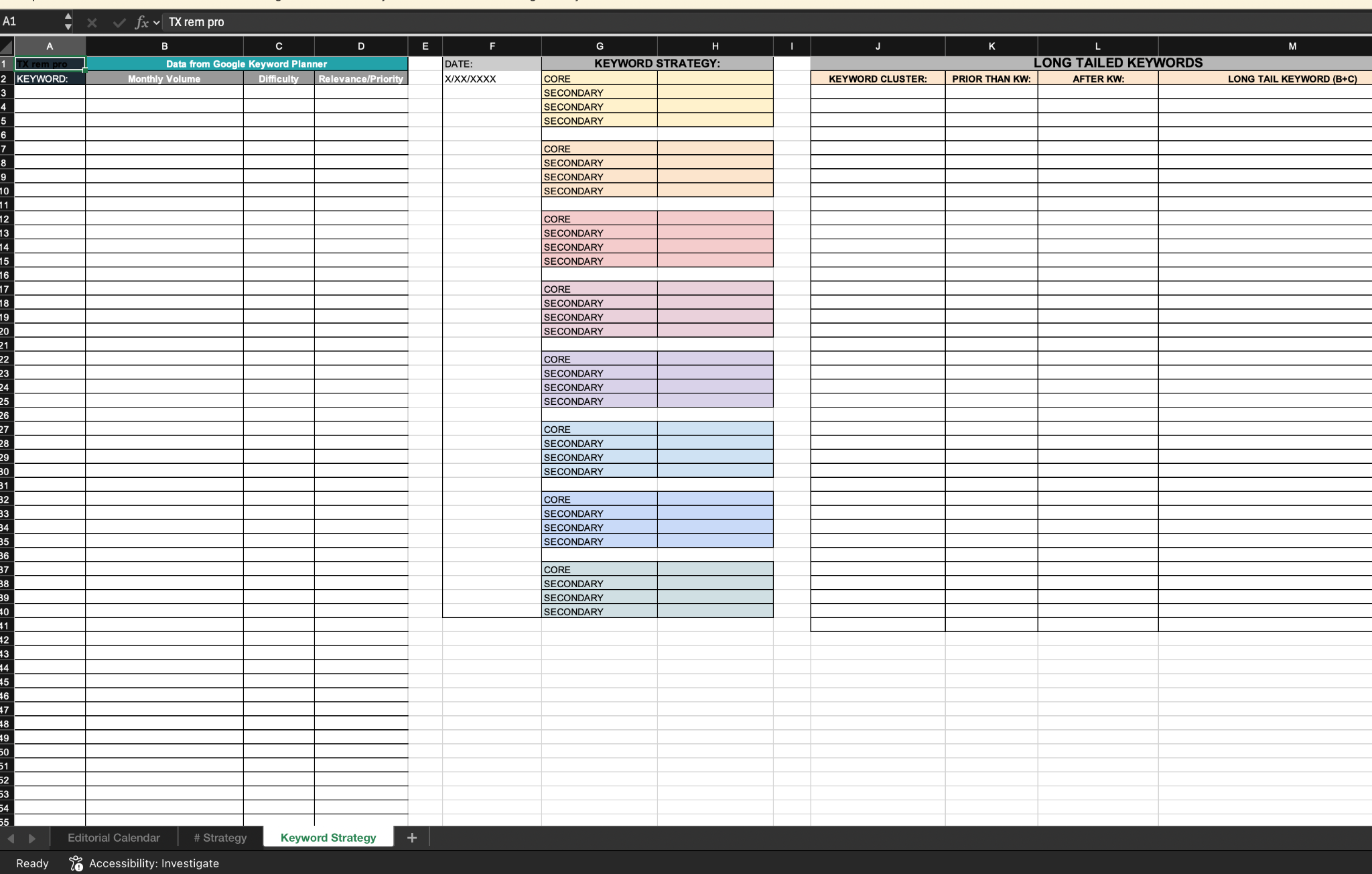 Blank keyword strategy template for core, secondary, and long-tail terms